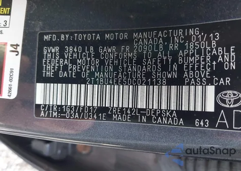 2013 Toyota Corolla S z USA, uszkodzony, nr VIN 2T1BU4EE5DC021138